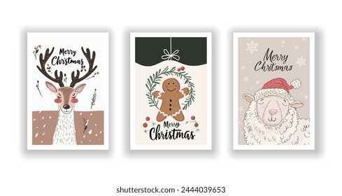 Hand-Drawn Christmas Greetings, Cute Flyers and Postcards with Minimalist Reindeer, Sheep, Ginger man Background