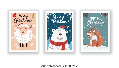 Saludos de Navidad dibujados a mano, volantes lindos y postales con ardilla minimalista, osos polares, fondo de oveja