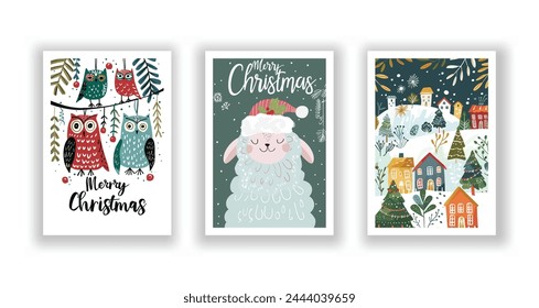 Hand-Drawn Christmas Greetings, Cute Flyers and Postcards with Minimalist Village, Sheep, Owl Background