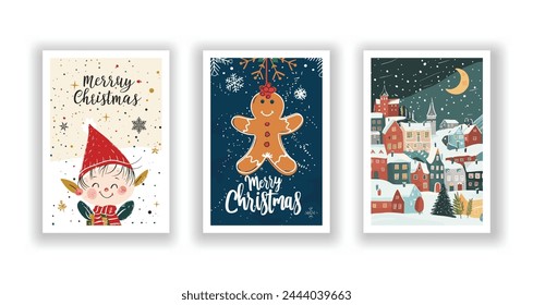 Hand-Drawn Christmas Greetings, Cute Flyers and Postcards with Minimalist Christmas elf, Village, Ginger man Background