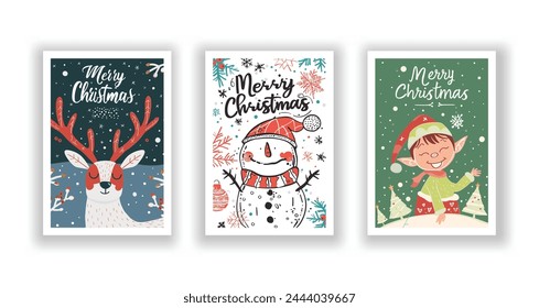 Hand-Drawn Christmas Greetings, Cute Flyers and Postcards with Minimalist Reindeer, Christmas elf, Snowman Background