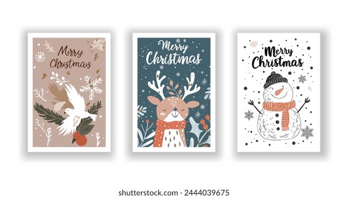 Hand-Drawn Christmas Greetings, Cute Flyers and Postcards with Minimalist Reindeer, Dove, Snowman Background