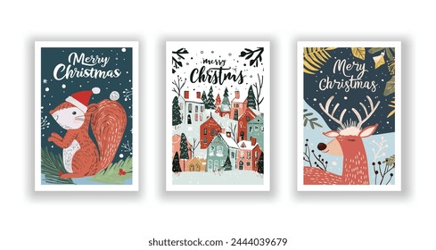 Hand-Drawn Christmas Greetings, Cute Flyers and Postcards with Minimalist Reindeer, Squirrel, Village Background