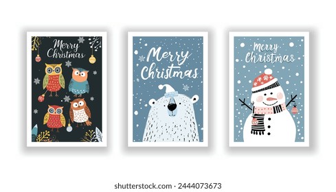 Hand-Drawn Christmas Greetings, Cute Flyers and Postcards with Minimalist Polar bears, Owl, Snow Man Background