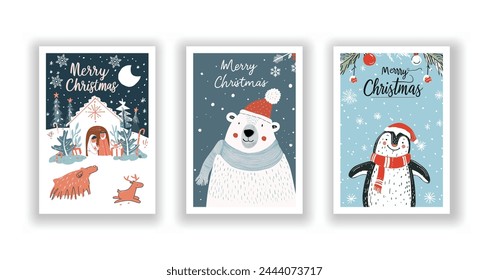 Hand-Drawn Christmas Greetings, Cute Flyers and Postcards with Minimalist Nativity Scene, Polar bears, Penguin Background