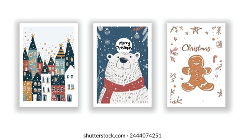 Hand-Drawn Christmas Greetings, Cute Flyers and Postcards with Minimalist Polar bears, Ginger man, Village Background