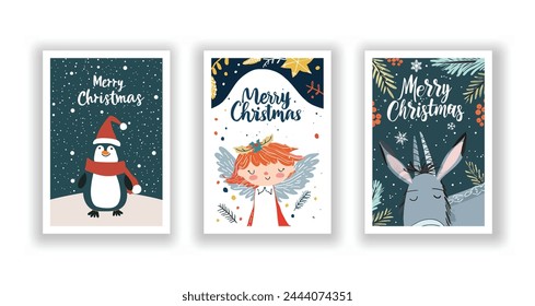 Hand-Drawn Christmas Greetings, Cute Flyers and Postcards with Minimalist Penguin, Donkey, Angel Background