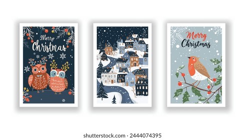 Saludos de Navidad dibujados a mano, volantes lindos y postales con búho minimalista, petirrojo, fondo de aldea