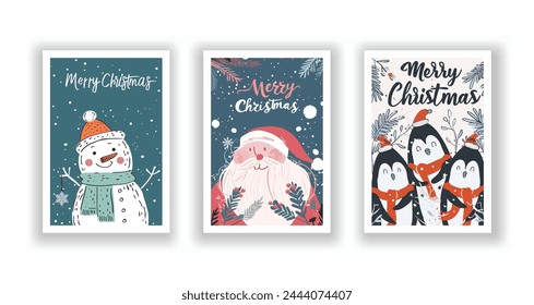 Hand-Drawn Christmas Greetings, Cute Flyers and Postcards with Minimalist Penguin, Santa Claus, Snowman. Background