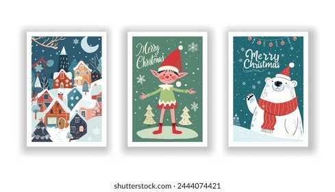 Hand-Drawn Christmas Greetings, Cute Flyers and Postcards with Minimalist Polar bears, Christmas elf, Village Background