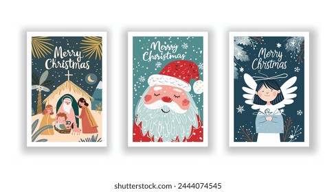 Hand-Drawn Christmas Greetings, Cute Flyers and Postcards with Minimalist Nativity Scene, Santa Claus, Angel Background