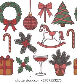 Hand-Drawn Christmas Holiday Elements Seamless Pattern