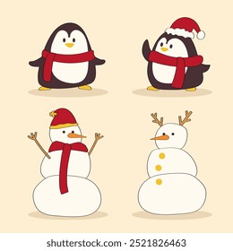 Hand-Drawn Christmas Holiday, New year illustration.Penguin, snowman, character.