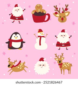 Hand-Drawn Christmas Holiday, New year illustration.Santa, snowman, gingerbread cookie, deer, Penguin character.