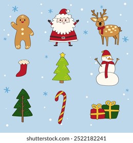 Hand-Drawn Christmas Holiday, New year illustration.Santa Claus, snowman, gingerbread cookie, deer character.