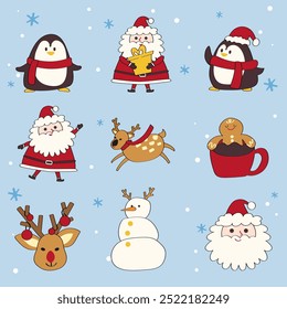 Hand-Drawn Christmas Holiday, New year illustration.Santa Claus, snowman, gingerbread cookie, deer, Penguin character.