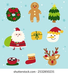 Hand-Drawn Christmas Holiday, New year illustration.Santa Claus, snowman, deer, ornament character.