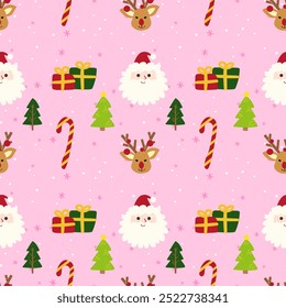 Hand-Drawn Christmas Holiday pattern seamless.Santa claus, snowman Reindeer, Gift illustration.