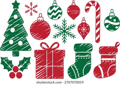 Hand-Drawn Christmas Icon Set Vector Illustration. Christmas Holiday Doodles and Decorations Vector Sheet. Festive Winter Icons Set. Vector Illustration of Christmas Symbols in Scribble Style