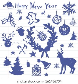 Hand-drawn Christmas icons. Ink and brush. Exercise book paper in the lineup. Vector EPS 10 illustration.