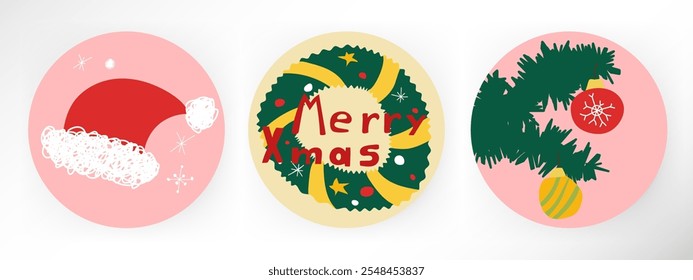 Hand-drawn Christmas icons in pastel colors. Includes a Santa hat, a Christmas wreath, and a Christmas tree. Ideal for creating custom designs, patterns, and branding