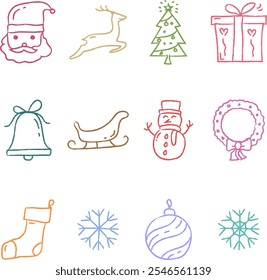 Hand-drawn Christmas icons set featuring a tree, Santa, stocking, reindeer, wreath, bell, gift, ornament, sleigh, snowflakes, and snowman. Ideal for festive designs and holiday themes.
