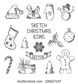 Hand-drawn Christmas icons. Sketch pencil Christmas objects for your design.