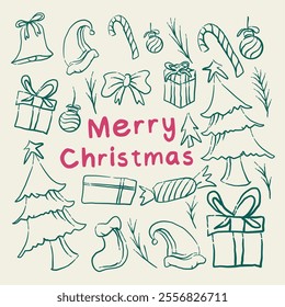 Hand-drawn Christmas illustration with festive elements like trees, sock, bells, candy canes, and gifts box surrounding the text 'Merry Christmas.' Perfect for christmas designs