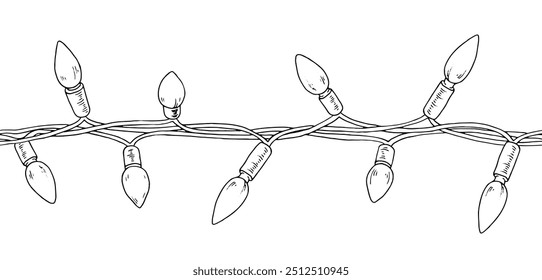 A hand-drawn Christmas light garland forms a seamless border. The festive string of bulbs brings a vintage touch to holiday decorations. The elements have backgrounds, color them as you like