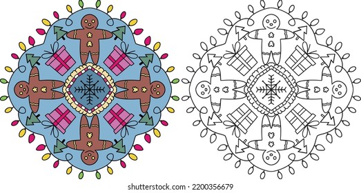 Hand-drawn. Christmas mandala. Doodles art for Christmas or new year card. Coloring page for adult and kids.