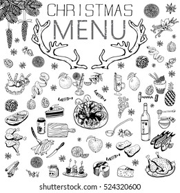 Hand-Drawn Christmas Menu with Text. Winter Holiday Theme.