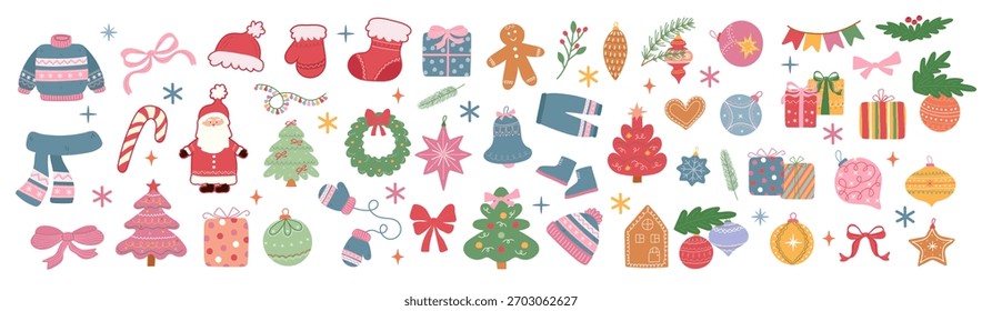 Navidades dibujadas a mano y Elementos de Nuevo año. Conjunto de Navidades. Vector.