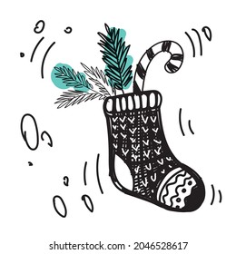 A hand-drawn Christmas and New Year sock with fir branches and a lollipop. Black cute doodle on a white background, vector illustration.