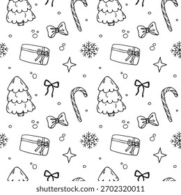 Padrão de Natal desenhado à mão em estilo ilustrativo preto e branco. Ilustração vetorial para têxteis e embalagens