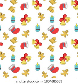 Hand-drawn Christmas Pattern. Flat Holiday Elements on a White Background: Mittens, Bells, Candle, Gingerbread Man.