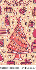 "Hand-drawn Christmas pattern with red tree, gifts, and festive doodles on a beige backdrop."