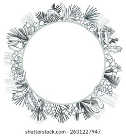 Hand-drawn Christmas plants and berries.
Sketch illustration. Vector frame. 