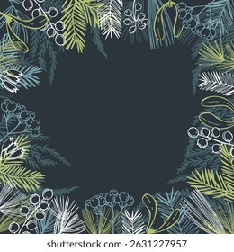 Hand-drawn Christmas plants and berries.
Vector background. Sketch  illustration.  