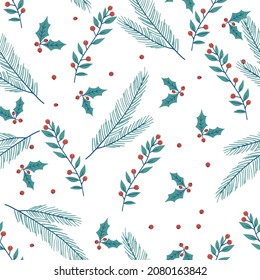 Hand-drawn Christmas plants vector seamless pattern.
