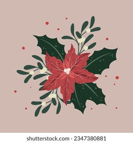 Hand-drawn christmas poinsettia flower and mistletoe branches with watercolour elements