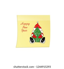 Hand-drawn christmas santa claus on yellow sticker and notepad. Vector on white background