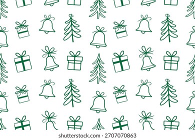 Hand-Drawn Christmas Seamless Pattern with Bells, Trees, and Gifts. Festive Holiday Doodle Pattern with Christmas Elements. Minimalist Christmas Line Art Seamless Background. Simple Holiday Sketch	