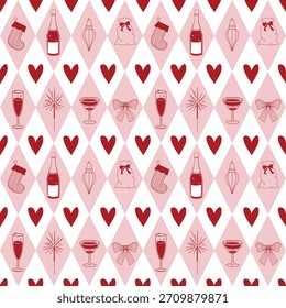 Hand-drawn Christmas seamless pattern with champagne bottle and glass, sparkler and Christmas tree ornaments and bow