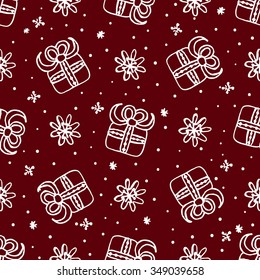 Handdrawn Christmas seamless pattern with gift boxes and snowflakes. Vector illustration for christmas design.