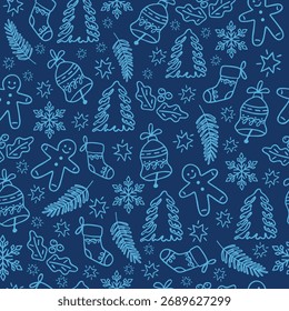A hand-drawn Christmas seamless pattern with a gingerbread man, bell, star, snowflake, and Christmas tree. A festive background for winter design. Vector.