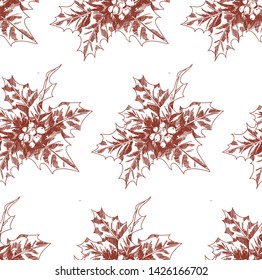 Hand-drawn Christmas seamless pattern with holly sketch. Vector style illustration for new year.