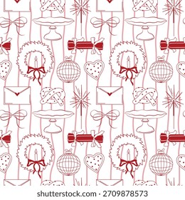 Hand-drawn Christmas seamless pattern with stripes and bows and gift and sparkle, disco ball and cake stand