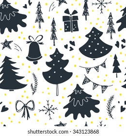 Handdrawn Christmas seamless pattern with Christmas trees and decoration. Holiday background for web page. Gift wrapping paper. Unique handdrawn texture.