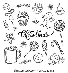 Hand-drawn Christmas set with candy, cakes, and snowflakes. Isolated elements on white background. Vector illustration.