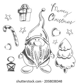 Hand-drawn Christmas set: gnome, Christmas tree, gift box, heart, Christmas candy cane, lantern, title, star. Vintage vector illustration.